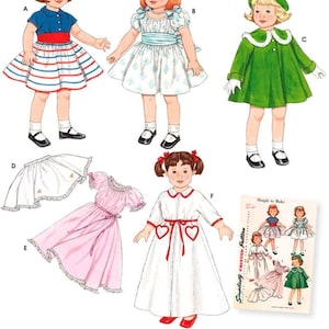 May include: A vintage sewing pattern for doll clothes, featuring six different outfits for 18-inch dolls. The designs include dresses, coats, and skirts in various styles. The text on the image reads "Listing is for sewing pattern only."