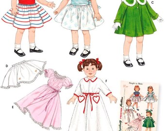 May include: A vintage sewing pattern for doll clothes, featuring six different outfits for 18-inch dolls. The designs include dresses, coats, and skirts in various styles. The text on the image reads "Listing is for sewing pattern only."