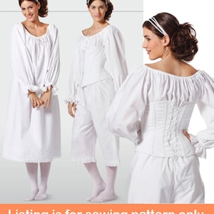 May include: A sewing pattern for a white, long-sleeved blouse with a gathered neckline and a white, gathered skirt. The pattern includes instructions for making a matching white corset.