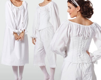 May include: A white sewing pattern for a long-sleeved chemise, a corset with back lacing, and cropped trousers with ruffled hems. The pattern includes instructions for creating these garments, which feature gathered necklines and cuffs. Listing is for sewing pattern only.