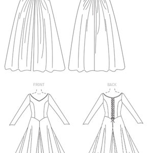 May include: A black and white line drawing showing the front and back views of a hooded cloak and a long-sleeved dress. The cloak features a hood and front closure. The dress has a V-neckline, long sleeves, and a lace-up back detail.