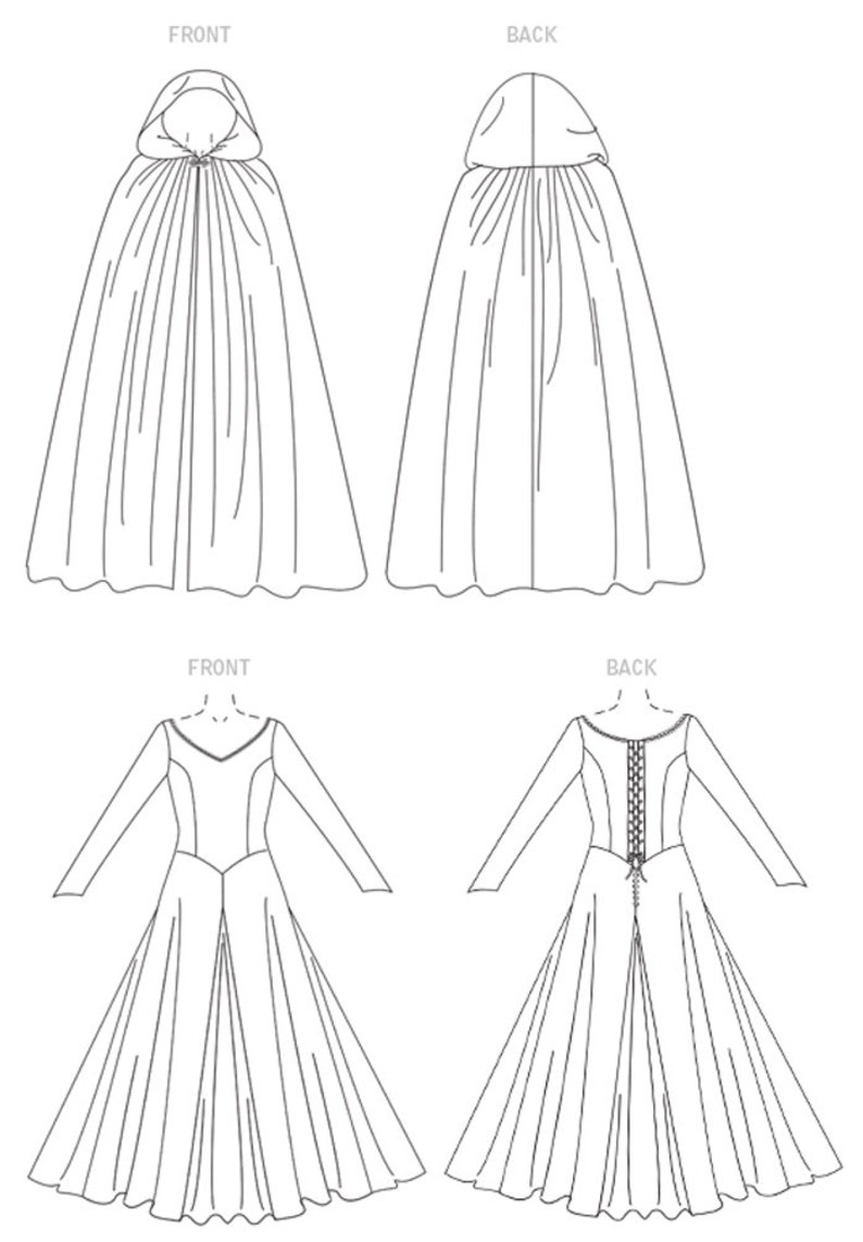 May include: A black and white line drawing showing the front and back views of a hooded cloak and a long-sleeved dress. The cloak features a hood and front closure. The dress has a V-neckline, long sleeves, and a lace-up back detail.