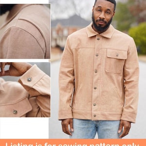 May include: A sewing pattern for a beige, long-sleeved jacket with a button-up front and a patch pocket. The jacket has a relaxed fit and a slightly cropped length.  Listing is for sewing pattern only.