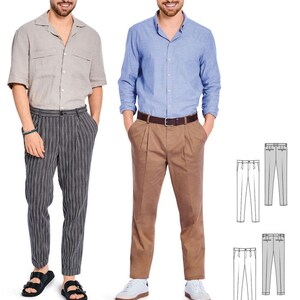 May include: Two men modeling different outfits. One wears a light gray short-sleeve shirt with black and white striped pants. The other wears a blue long-sleeve shirt with brown pants. Sewing pattern diagrams are shown. The text says "Listing is for sewing pattern only."