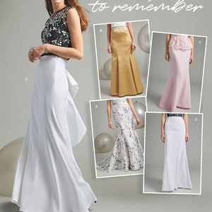May include: Sewing pattern for five different styles of long skirts. The skirts are in white, gold, pink, and floral print. The pattern includes instructions for making each skirt.