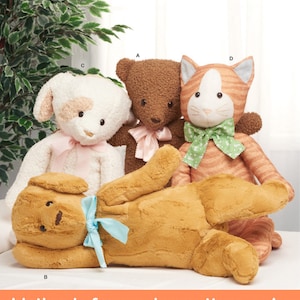 May include: Sewing pattern for four plush toys: a brown teddy bear, a white dog, a brown dog, and an orange and white striped cat. Each toy has a different colored ribbon around its neck.