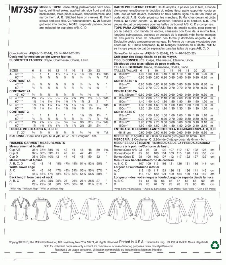 May include: A sewing pattern for misses' tops with various design options. The pattern includes instructions for loose-fitting, pullover tops with neckbands, sleeves, and shaped hemlines. Measurements are in inches.