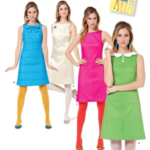 Può includere: Un cartamodello per un semplice abito senza maniche con fiocco, colletto o scollo rotondo. Il cartamodello include istruzioni per realizzare quattro diversi stili di abiti in blu, bianco, rosa e verde.