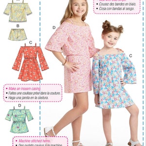 May include: Sewing pattern for a girls' off-the-shoulder dress with a floral print. The pattern includes instructions for making an inseam casing and machine-stitched hems. The pattern number is M7590.