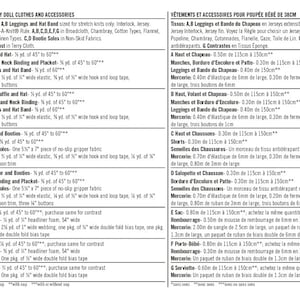 Puede incluir: Un patr&oacute;n de costura para 22 piezas de ropa y accesorios para mu&ntilde;ecas beb&eacute;, que incluyen una blusa, leggings, pantalones cortos, un mameluco, una bolsa, una bandolera y una toalla. El patr&oacute;n incluye instrucciones para hacer los art&iacute;culos en ingl&eacute;s y franc&eacute;s.