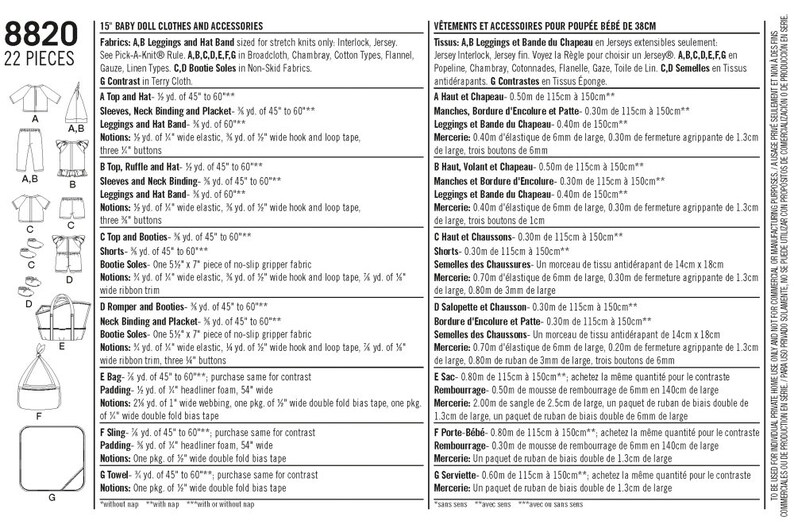 Puede incluir: Un patr&oacute;n de costura para 22 piezas de ropa y accesorios para mu&ntilde;ecas beb&eacute;, que incluyen una blusa, leggings, pantalones cortos, un mameluco, una bolsa, una bandolera y una toalla. El patr&oacute;n incluye instrucciones para hacer los art&iacute;culos en ingl&eacute;s y franc&eacute;s.