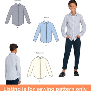 May include: A sewing pattern for a boy's long-sleeved shirt with three different fit options: classic, slim, and relaxed. The pattern includes instructions and diagrams for sewing the shirt.