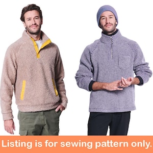 Pode incluir: Dois homens vestindo camisolas diferentes. A primeira é uma camisola de lã bege com detalhes amarelos. A segunda é uma camisola cinza listrada com um bolso frontal e um gorro azul. O texto na parte inferior diz "Listing is for sewing pattern only."