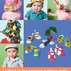 Könnte beinhalten: Ein Nähmuster zum Nähen von Babyhüten und -schuhen. Das Muster enthält Anleitungen zum Nähen verschiedener Modelle, darunter ein Sonnenhut, ein Eimerhut, eine Newsboy-Kappe und ein Paar Schuhe. Das Muster ist mit Fotos der fertigen Produkte illustriert.