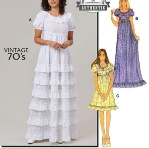 May include: A vintage sewing pattern featuring a white maxi dress with ruffled tiers and short sleeves. The pattern includes additional size options and cutting layouts. The text "Vintage 70's" and "Authentic" are also visible.