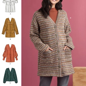 May include: A sewing pattern for a long cardigan with a V-neck, button closure, and pockets. The pattern includes four different variations: a white cardigan, a brown cardigan, a red cardigan, and a green cardigan. The pattern is designed and printed in the USA. Listing is for sewing pattern only.
