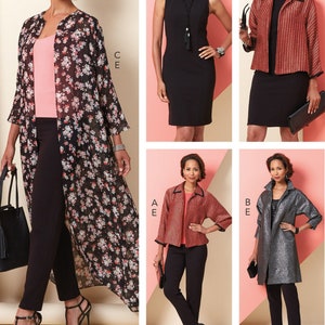 Pode incluir: Um padrão de costura para uma jaqueta, um vestido e uma blusa. O padrão inclui uma variedade de estilos, incluindo uma jaqueta longa, uma jaqueta curta, um vestido sem mangas e uma blusa de manga comprida. O padrão é mostrado em uma modelo que usa diferentes variações dos designs.