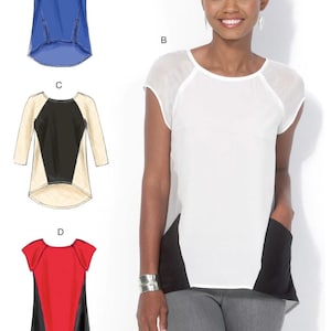 May include: Image of a woman wearing a white top with black side panels and a pocket. The image also shows three different sewing pattern designs: a blue top, a black and cream top, and a red and black top. The text at the bottom reads: Listing is for sewing pattern only.