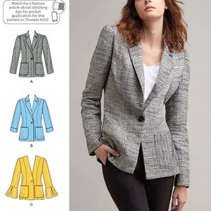 May include: A sewing pattern for a blazer with three different style variations. The pattern includes a classic blazer, a striped blazer, and a blazer with bell sleeves. The text "Listing is for sewing pattern only." is at the bottom of the image.