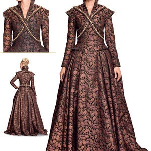 May include: A sewing pattern for a long, brown and gold brocade dress with a high neckline and long sleeves. The dress has a fitted bodice and a full skirt. The pattern includes a close-up of the bodice detailing. Listing is for sewing pattern only.