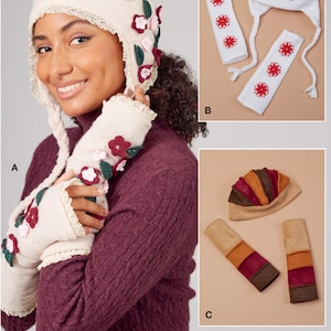 May include: Sewing pattern for a set of winter accessories, including a hat and fingerless gloves. The hat is white with red and green floral embellishments. The gloves are white with red and green floral embellishments. The pattern also includes a second set of accessories, a white hat with red snowflake embellishments and white gloves with red snowflake embellishments. The third set of accessories is a brown hat with orange, red, and brown stripes and brown gloves with orange, red, and brown stripes.