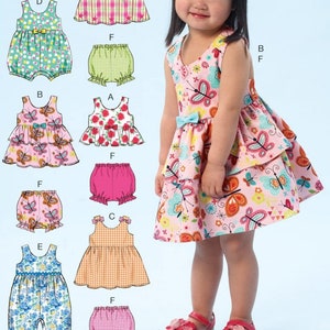 Peut inclure: Un patron de couture pour une robe et un bloomers pour bébé fille. Le patron comprend une variété de styles, y compris une robe à imprimé papillon, une robe à imprimé à carreaux et une robe à imprimé floral. Le patron comprend également des bloomers avec une variété d'imprimés, y compris un imprimé à carreaux, un imprimé floral et un imprimé papillon. Le patron est étiqueté "EASY".