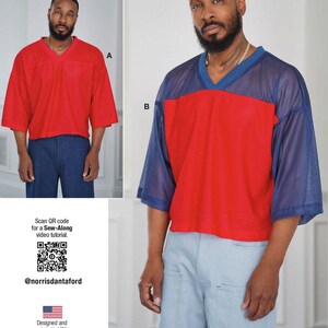 May include: Sewing pattern for a red and blue mesh jersey top with a v-neck. The pattern includes instructions for a sew-along video tutorial.  @norrisdantaford