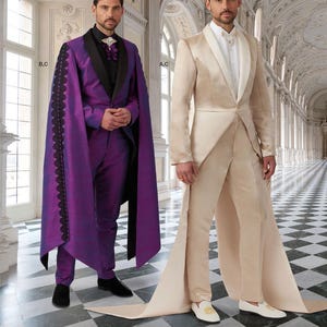 May include: Two formal suits are displayed. One is a purple suit with a black cape trimmed with black lace. The other is a beige suit with a long, flowing tail. The text at the bottom reads: Listing is for sewing pattern only.