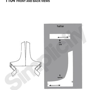 May include: A black and white line drawing of a halter top pattern with instructions for sewing the tie end and halter. The pattern includes the text "halter" and "tie end".