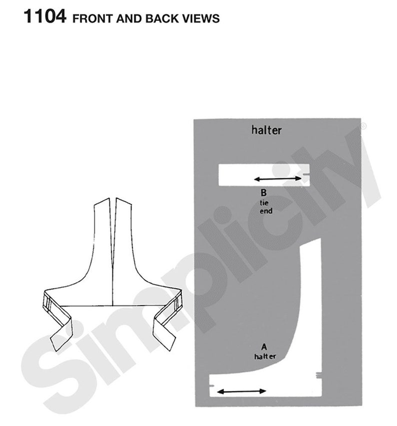 May include: A black and white line drawing of a halter top pattern with instructions for sewing the tie end and halter. The pattern includes the text "halter" and "tie end".
