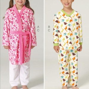 May include: Sewing pattern for a pink floral robe with a sash and a white and green dinosaur print pajama set.  Listing is for sewing pattern only.