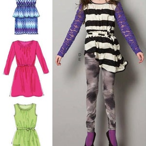 May include: Sewing pattern for three different girls' dresses. The first dress is a blue and purple tiered dress with short sleeves. The second dress is a solid pink dress with long sleeves. The third dress is a solid green dress with a ruffled hem and no sleeves. The pattern also includes instructions for a striped top with lace sleeves.
