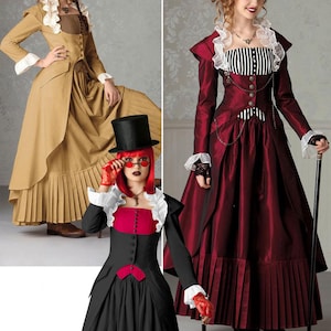 Könnte beinhalten: Schnittmuster für ein steampunk-inspiriertes Kleid mit einem taillierten Oberteil, einem Rüschenkragen und einem weiten Rock. Das Kleid ist in drei verschiedenen Farbvarianten gezeigt: Braun, Rot und Schwarz.