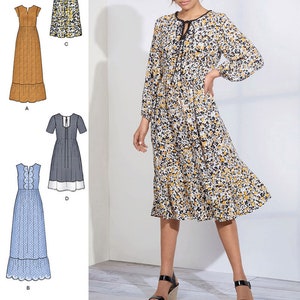 May include: Sewing pattern for a tiered dress with a tie neckline. The pattern includes four different variations of the dress, with different sleeve lengths and necklines. The dress is shown in a floral print, a solid brown, a gingham print, and a blue polka dot print.  Listing is for sewing pattern only.