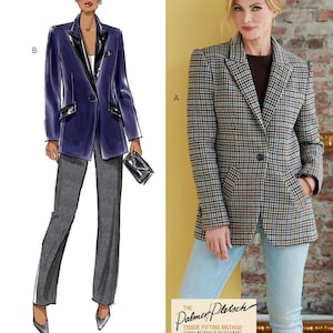 May include: A sewing pattern for a blazer with two different styles. The first style is a blue blazer with a black collar and cuffs. The second style is a plaid blazer with a brown, white and blue pattern. The pattern is from The Palmer/Pletsch Tissue Fitting Method.