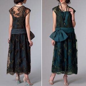 May include: Two images of a dark green lace dress with a matching sash and a large bow. The dress has a sheer overlay and a vintage style. The text at the bottom reads "Listing is for sewing pattern only."