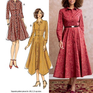 May include: Sewing pattern for a long-sleeved dress with a button-up front and a gathered skirt. The pattern includes three different styles: a short dress, a midi dress, and a maxi dress. Separate pattern pieces are included for A/B, C, and D cup sizes. Listing is for sewing pattern only.