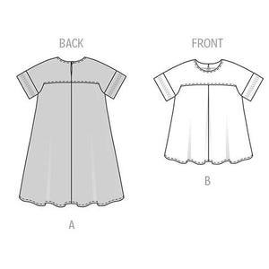 May include: Line drawing of two dress patterns, each showing front and back views. One dress is white, the other is gray. Both have short sleeves and a scalloped hem. The text "FRONT" and "BACK" are above the dress illustrations.