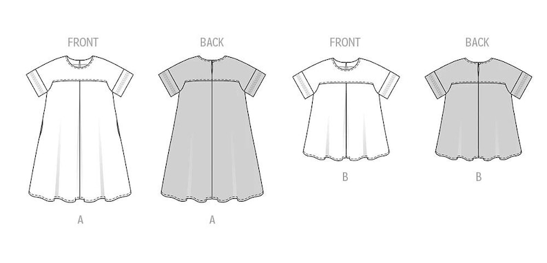May include: Line drawing of two dress patterns, each showing front and back views. One dress is white, the other is gray. Both have short sleeves and a scalloped hem. The text "FRONT" and "BACK" are above the dress illustrations.