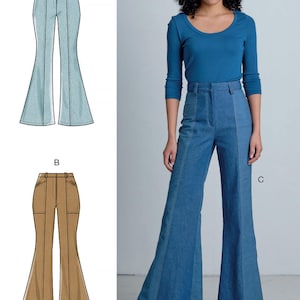 May include: A sewing pattern for flared pants with three different styles. The pattern includes a light blue, a brown, and a blue denim version. The pattern is labeled with letters A, B, and C. The text "Listing is for sewing pattern only." is at the bottom of the image.