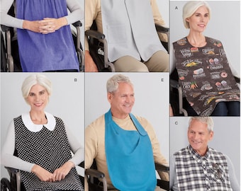 Pode incluir: Um molde de costura para seis estilos diferentes de protetores de roupa adaptativos. Os designs incluem um babador floral roxo, um protetor cinza estilo cachecol, um babador marrom com estampa de comida, um babador preto de bolinhas com gola, um babador azul-petróleo e um babador estilo camisa xadrez.