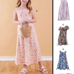 May include: A sewing pattern for a sleeveless maxi dress with a floral print. The pattern includes four different variations of the dress, each with a different floral print. The pattern is designed and printed in the USA.