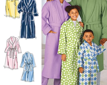 May include: Sewing pattern for making robes for the whole family. The pattern includes a variety of styles, including a long robe with a shawl collar, a shorter robe with a notched collar, and a children's robe with a hood. The pattern is illustrated with line drawings of the robes in different colors.