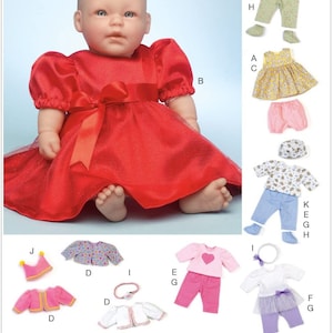 May include: A sewing pattern for doll clothes, featuring a red dress, a yellow shirt and pants, a floral dress and pants, a blue shirt and pants, a pink shirt and pants, a white shirt and skirt, and a pink jacket and crown.
