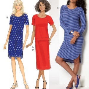 May include: Sewing pattern for a dress with three different styles. The dress is shown in blue with white polka dots, red, and blue and white stripes. The pattern includes instructions for making a short-sleeved dress, a long-sleeved dress, and a dress with a skirt.