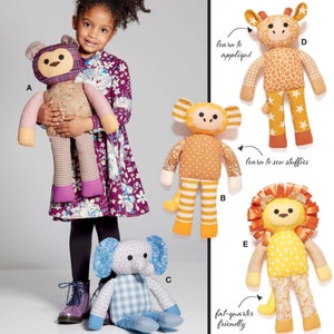 Op de afbeelding: Naai-patroon voor vijf knuffels: een beer, een giraffe, een aap, een leeuw en een olifant. Het patroon bevat instructies voor applicaties en het naaien van knuffels. Het patroon is gemarkeerd met "Level 2 Learn to Sew".