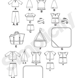 Puede incluir: Un patr&oacute;n de costura para un atuendo de beb&eacute;, que incluye una parte superior, pantalones, pantalones cortos, un gorro y una bolsa. El patr&oacute;n incluye diferentes estilos para la parte superior y los pantalones, con opciones para volantes, rayas y dise&ntilde;os lisos. El patr&oacute;n est&aacute; etiquetado como "8820 Vistas frontal y posterior".