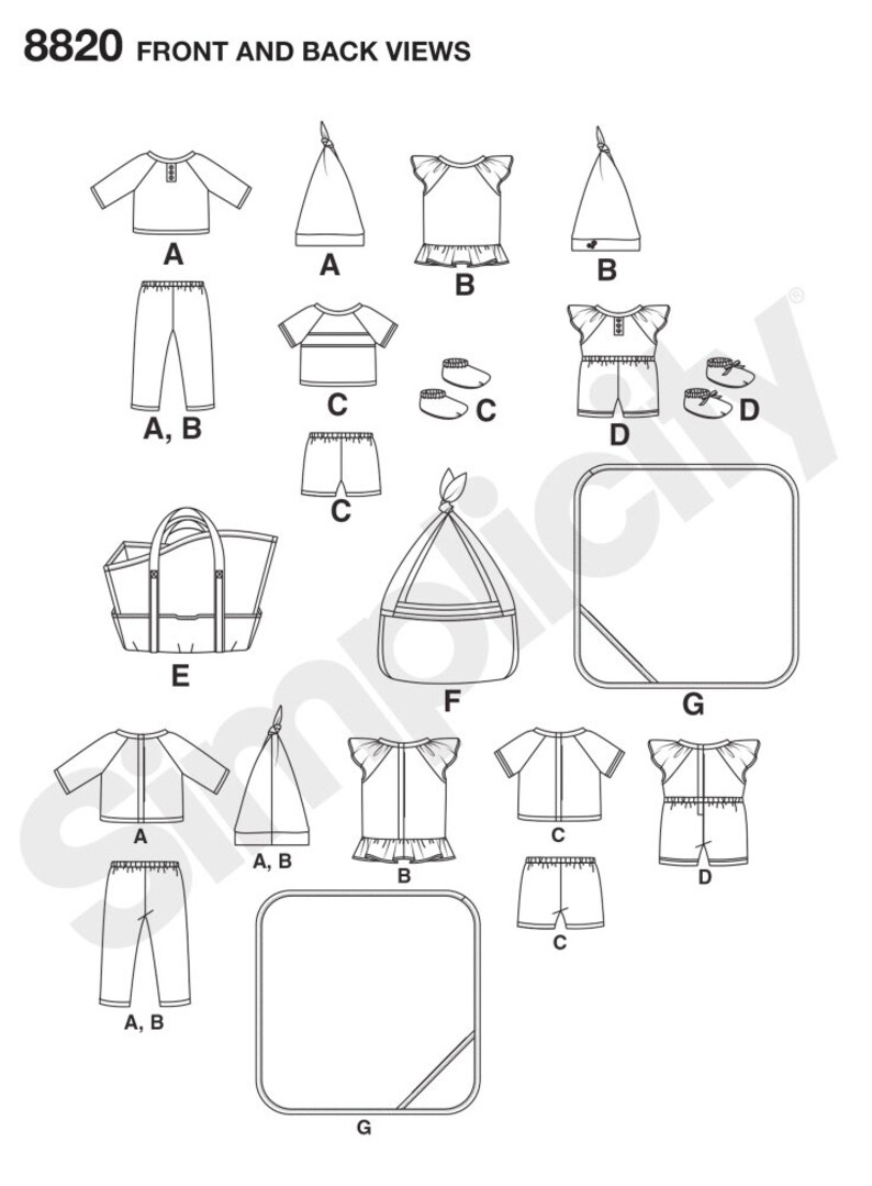Puede incluir: Un patr&oacute;n de costura para un atuendo de beb&eacute;, que incluye una parte superior, pantalones, pantalones cortos, un gorro y una bolsa. El patr&oacute;n incluye diferentes estilos para la parte superior y los pantalones, con opciones para volantes, rayas y dise&ntilde;os lisos. El patr&oacute;n est&aacute; etiquetado como "8820 Vistas frontal y posterior".