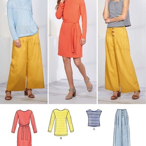 May include: Sewing pattern for a dress, top, and pants. The dress is red, the top is yellow, and the pants are blue and white striped. The pattern includes instructions for making all three garments.