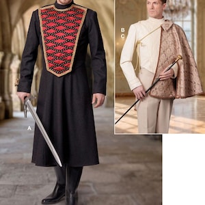 May include: Sewing pattern for historical costumes. The image shows a man in a black medieval-style tunic with a red and gold embellished bib, holding a sword. Another image shows a cream-coloured shirt, tan trousers, and a patterned cape. The text says "Listing is for sewing pattern only."